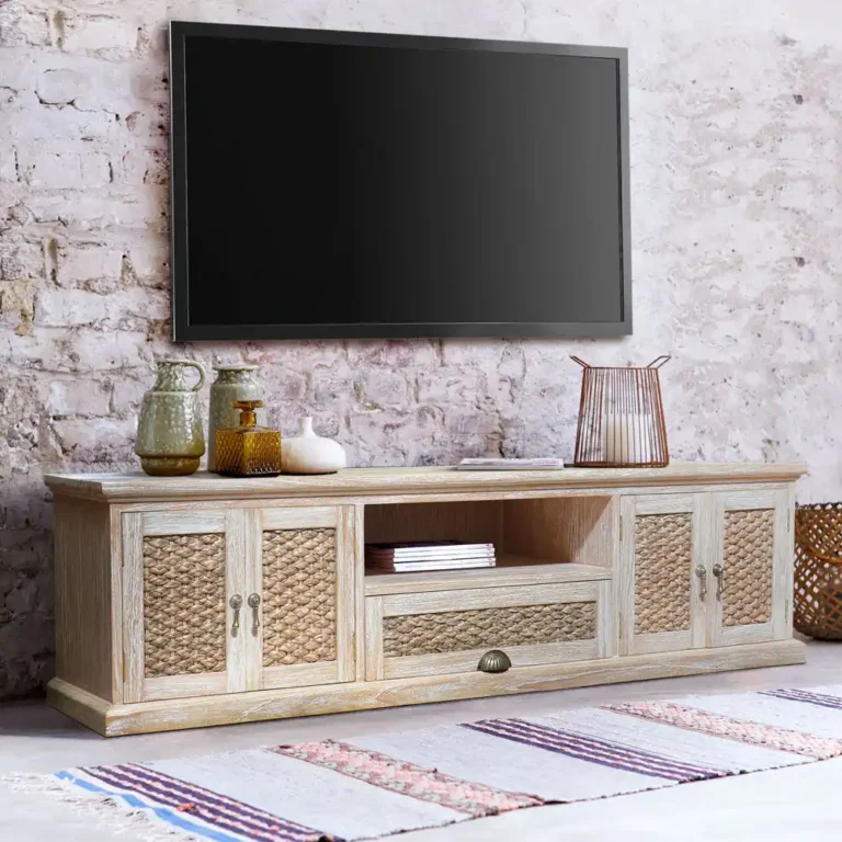 coastal charm tv console with woven rattan accents