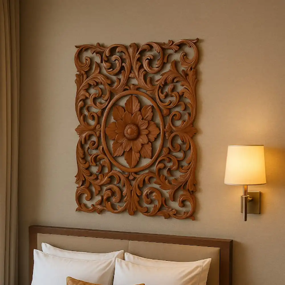 Hand-carved Floral Wall Panel – Mahogany Wood 1 Hand-carved Floral Wall Panel – Mahogany Wood