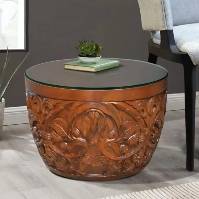 hand carved monkey pod round side table with glass top