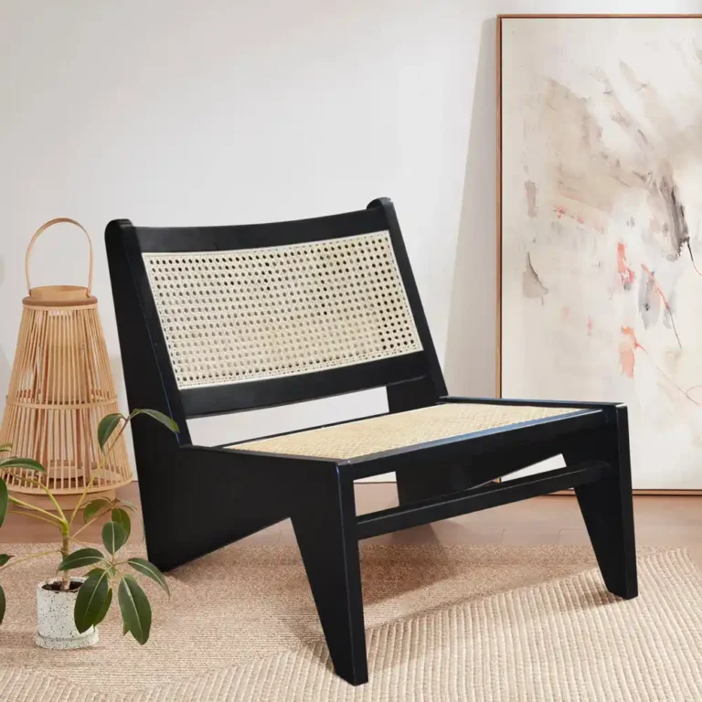 lounge chair zet in teak with rattan back and seat black colour