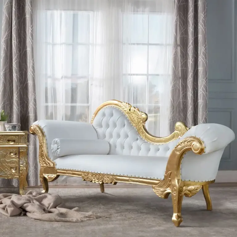 luxury gold carved chaise lounge with tufted upholstery