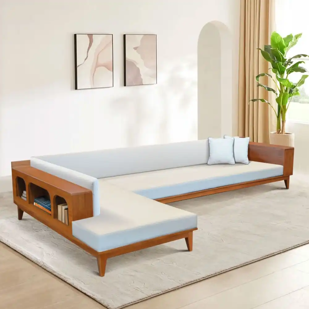 Modern L-shaped Teak Wood Sofa With Integrated Side Storage 1 Modern L-shaped Teak Wood Sofa With Integrated Side Storage