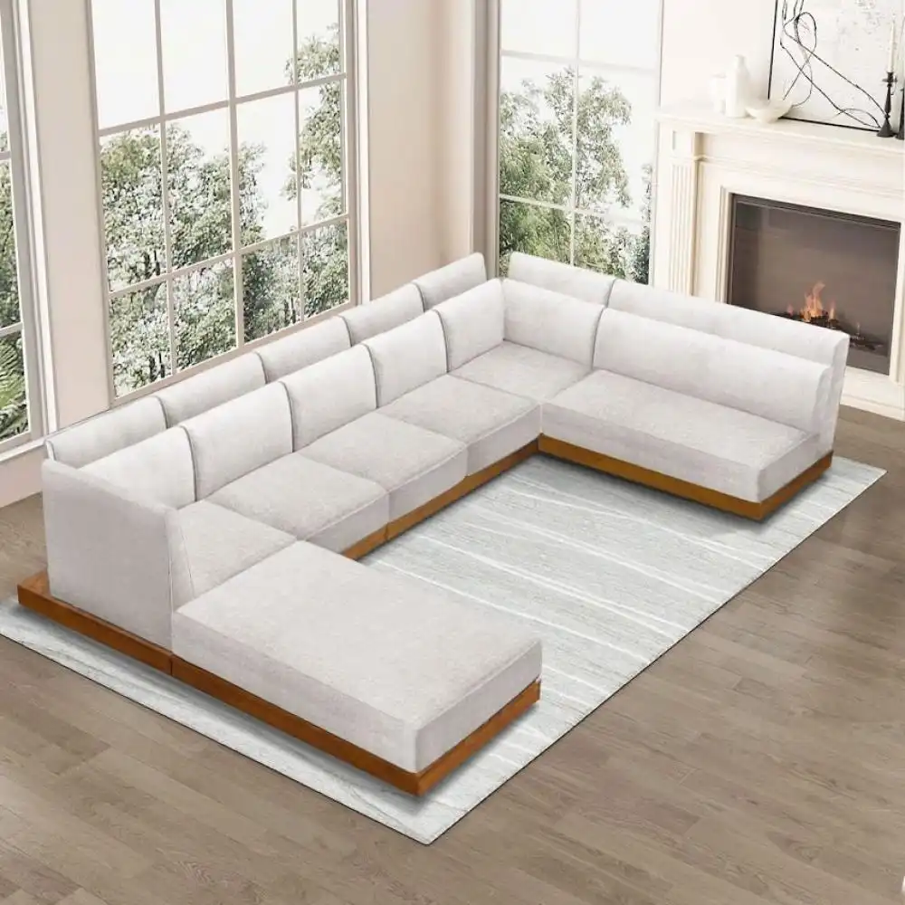 Modern Modular Sectional Sofa With Teak Wooden Base