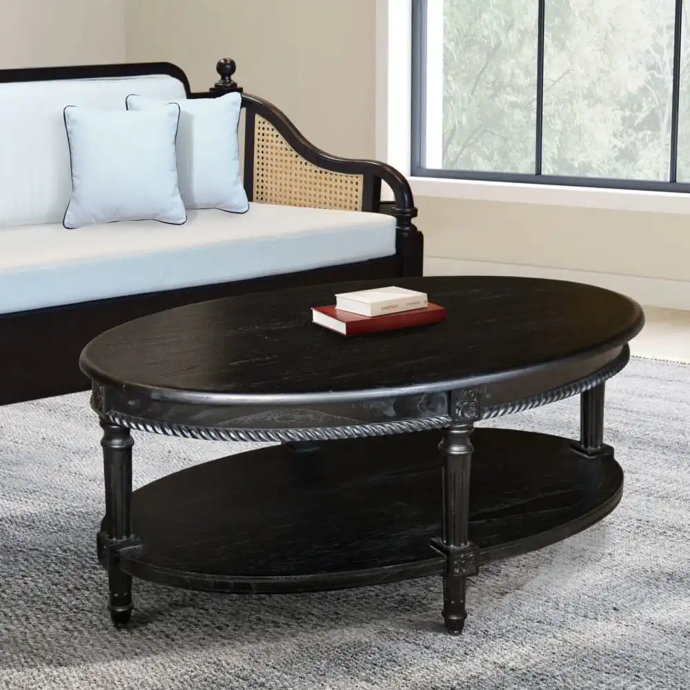 Oval Teak Wood Coffee Table With Carved Detailsffe Table