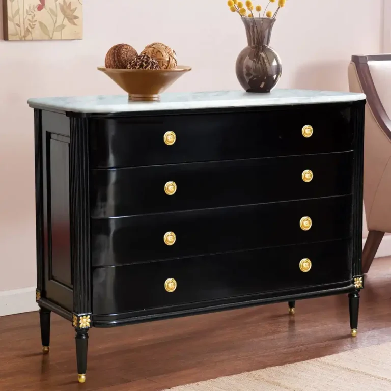 rf 13 shiny black wooden dresser with grey marble top and laiton details foot handles and lock
