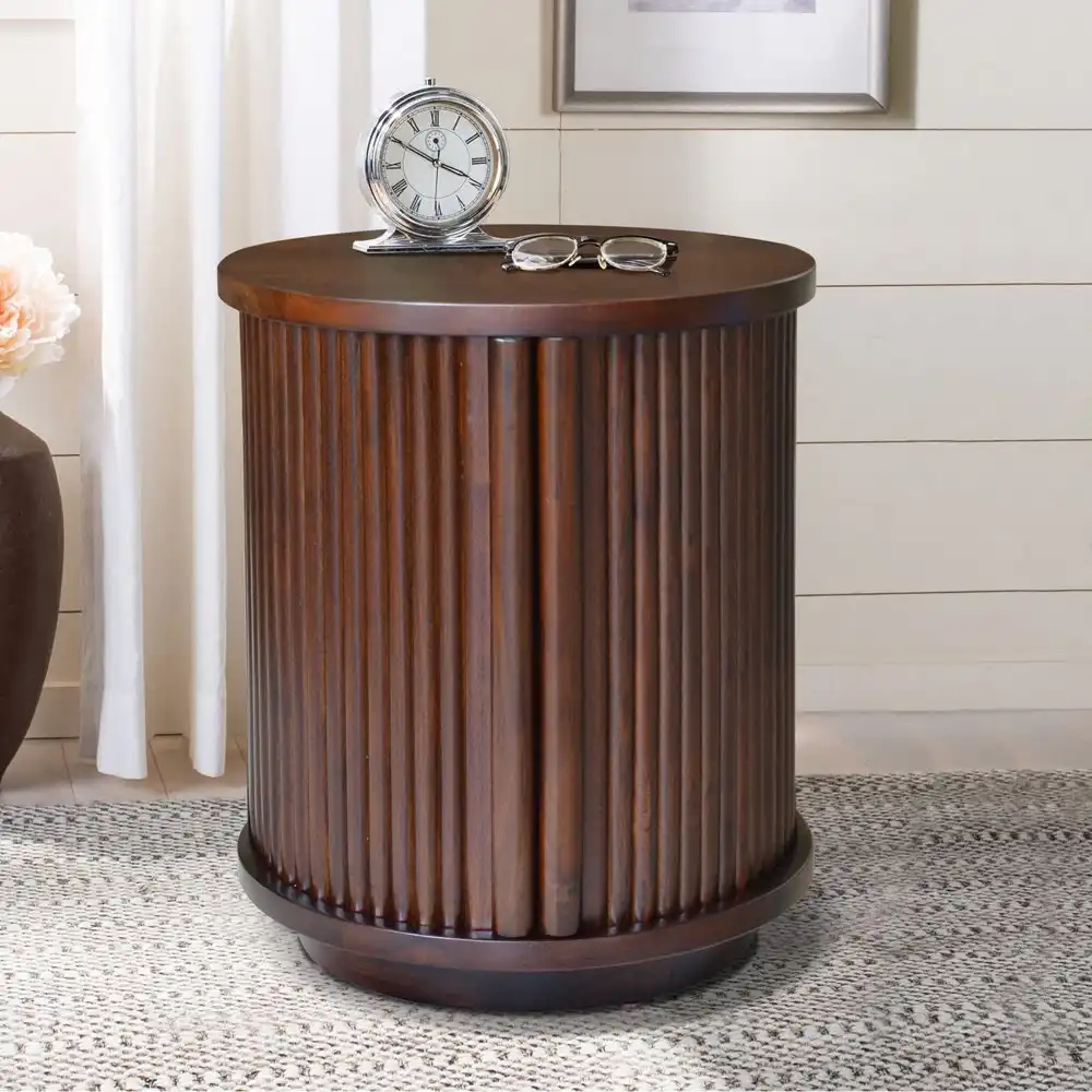 Round Bedside With Sliding Door – Dark Brown