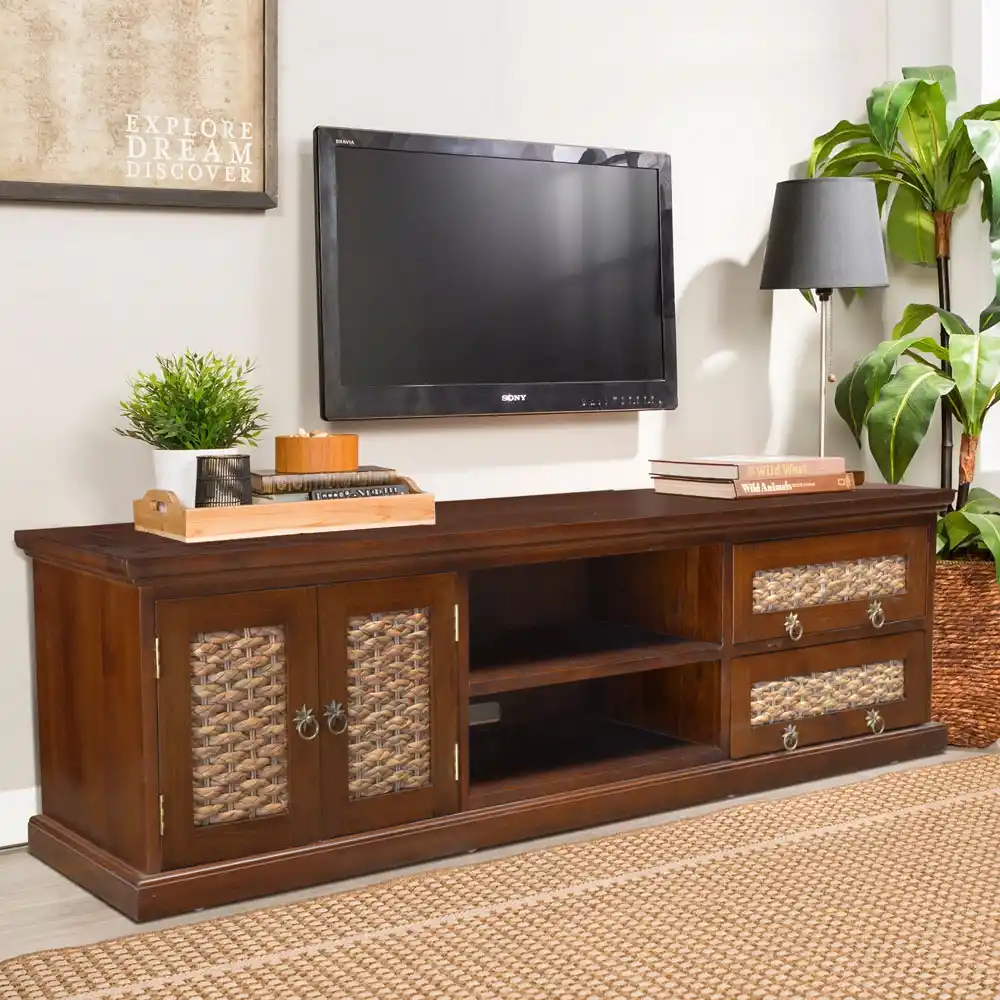 Rustic Teak Tv Console With Woven Rattan Accents