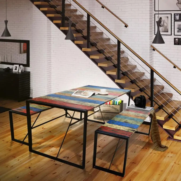 set table bench rustic with iron 1 table 2 benches