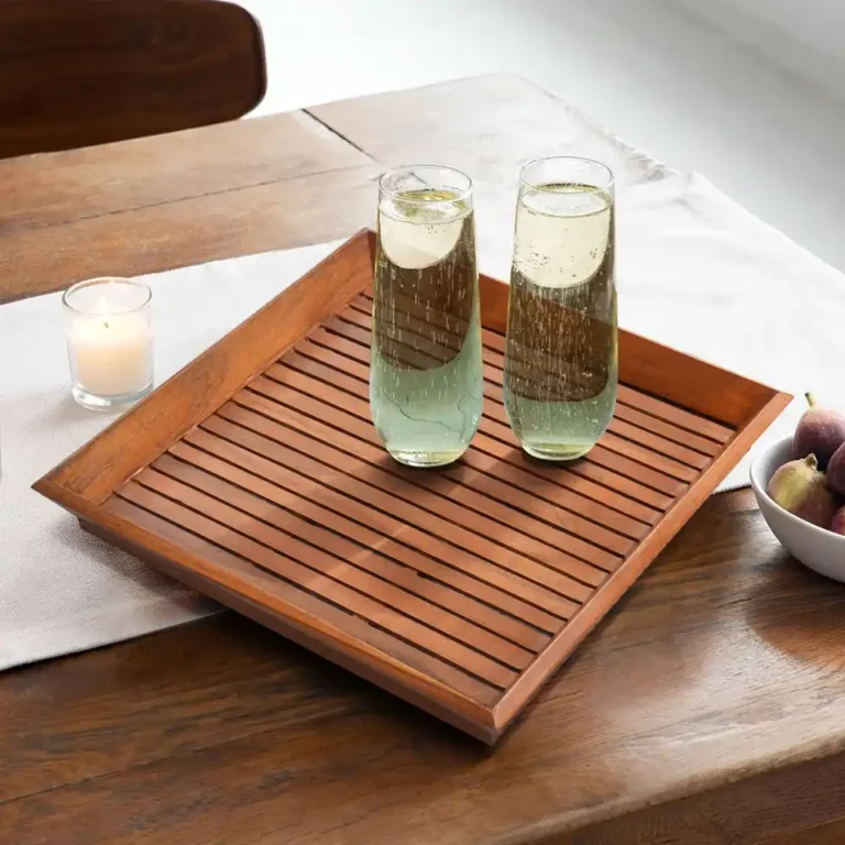 slatted teak wood serving tray