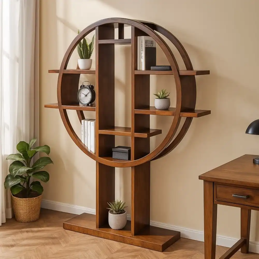 Solid Mahogany Round Book Rack – Freestanding Display Shelf 1 Solid Mahogany Round Book Rack – Freestanding Display Shelf