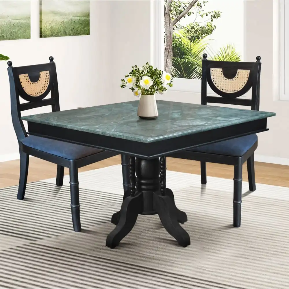 Square Teak Dining Table With Green Marble Top