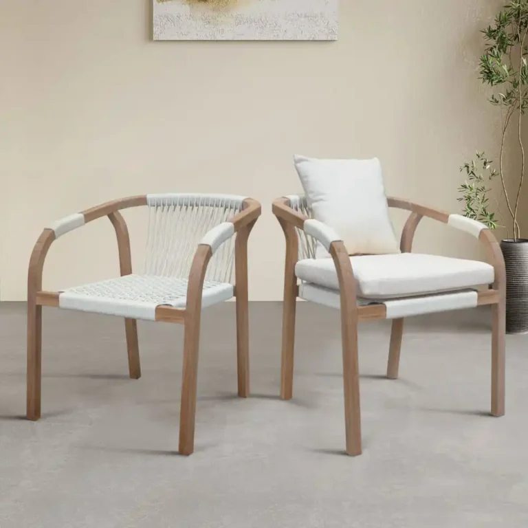 teak arm chair with white webbing cord