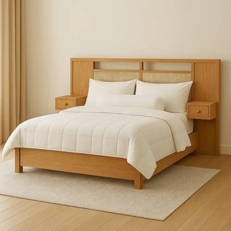 teak rattan bed with floating nightstands