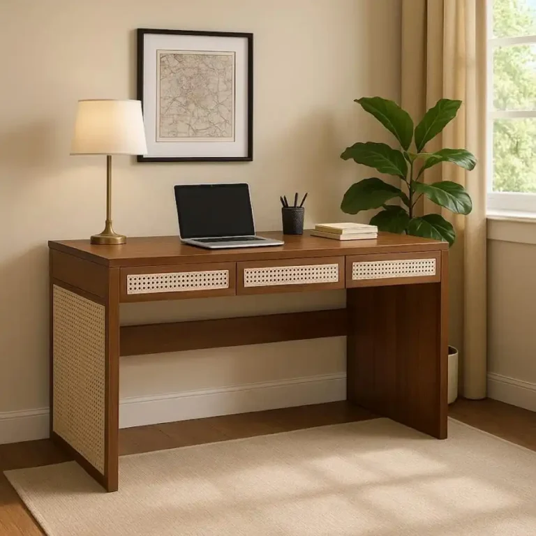 teak writing desk with rattan drawer fronts desk