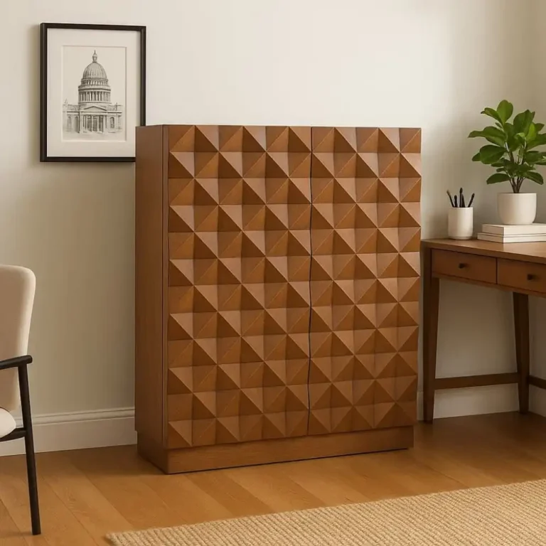 wave edge teak book storage cabinet